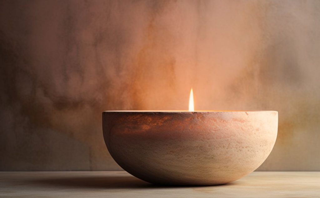 Lit candle inside a bowl, creating an atmosphere of recollection.