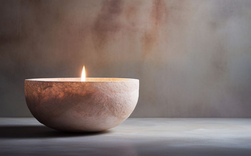 Primer pla d'una espelma encesa en un bol translúcid que crea una atmosfera de relax.